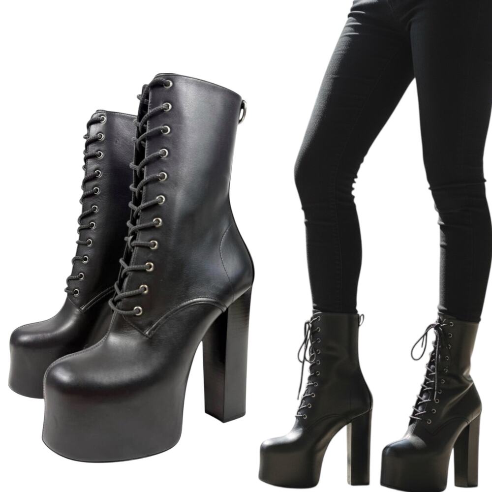 New Saint Laurent Cherry Lace Up Leather Platform Boots Black Size 37.5